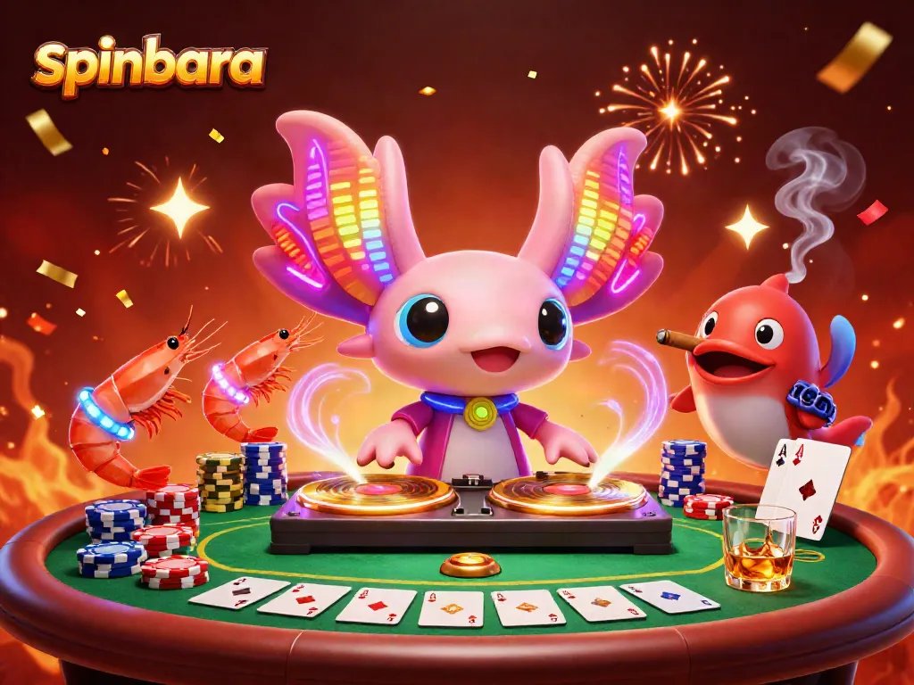 spinbara casino scene with 3D neon axolotl DJ and poker elements igniting excitement