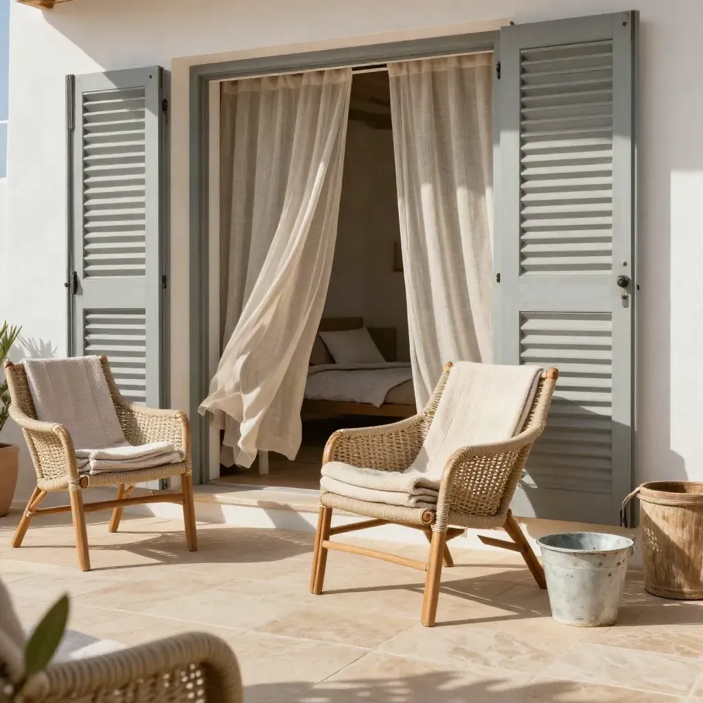 Terraza de apartamento familiar con sillas de fibra, toallas y cubos de playa al sol.