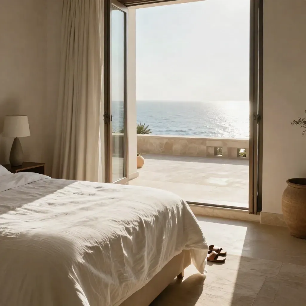 Dormitorio de hotel frente al mar con terraza abierta, sábanas de lino y luz de mañana.