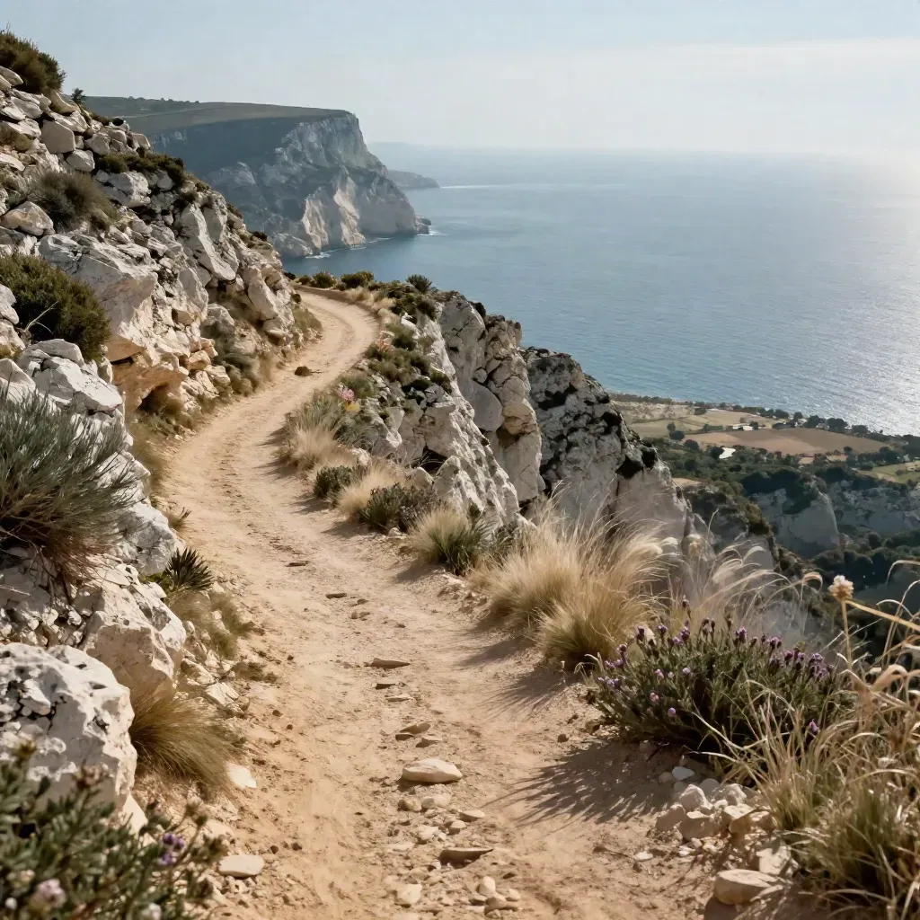 Sendero de la Ruta de Irta girando hacia un mirador con mar abierto al fondo.