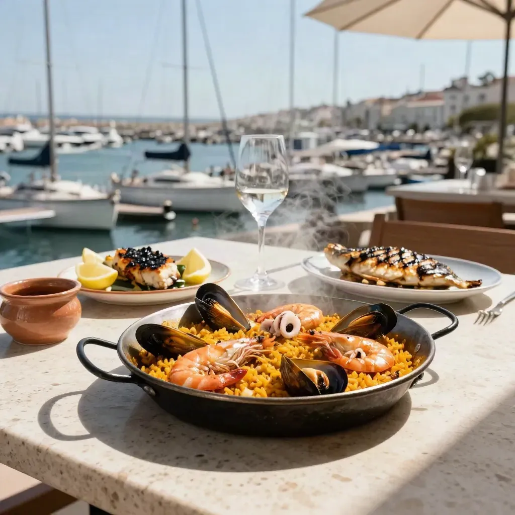 Paella marinera y pescado a la plancha en una terraza del puerto con vapor y mástiles desenfocados.
