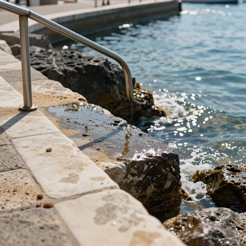 Paso de piedra en Las Fuentes junto al mar, con roca mojada, barandilla y agua tranquila.