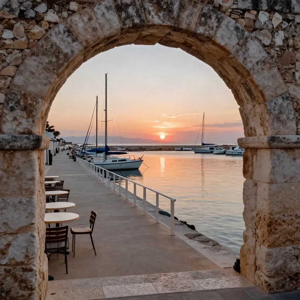 Arco de piedra en Las Fuentes al atardecer, con muelle, mesas vacías y agua cobriza.