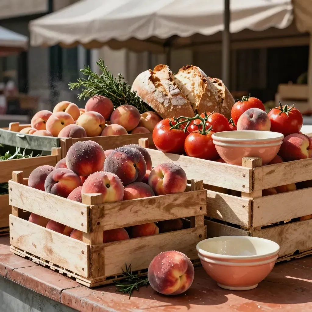 Puesto de mercado con fruta, pan, tomates, hierbas y cerámica sencilla sobre cajas de madera.