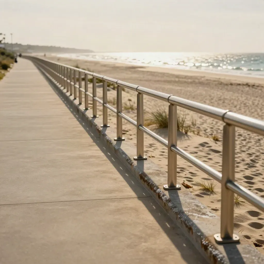 Paseo del Cargador junto a la playa, con barandilla, arena amplia y mar brillante al atardecer