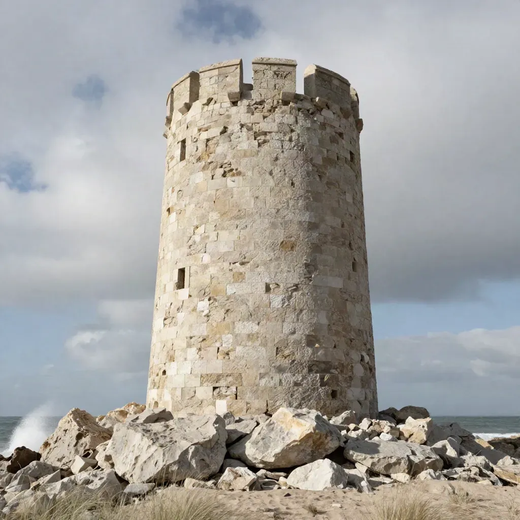 Torre de Cap i Corb vista desde muy abajo, con nubes, rocas y espuma marina.