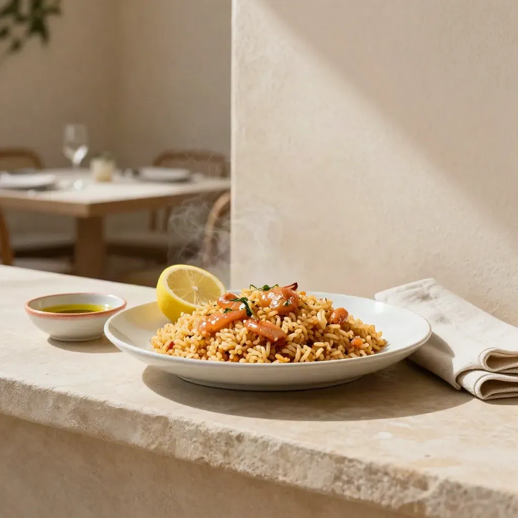 Arroz de mar en plato blanco con limón, aceite y servilleta sobre piedra clara.