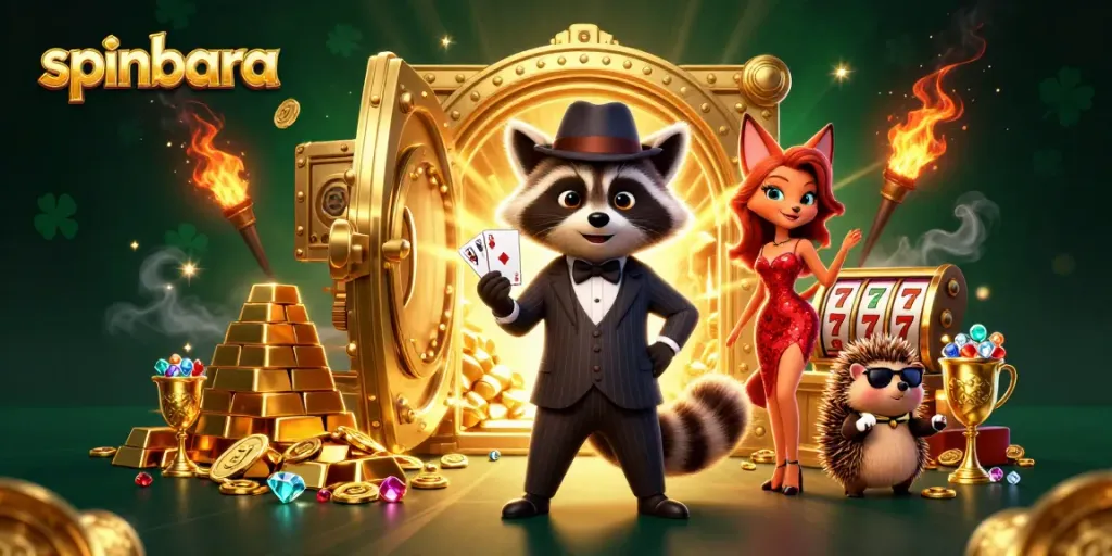 Spinbara casino illustration with raccoon and fox characters amidst jewels and gold.