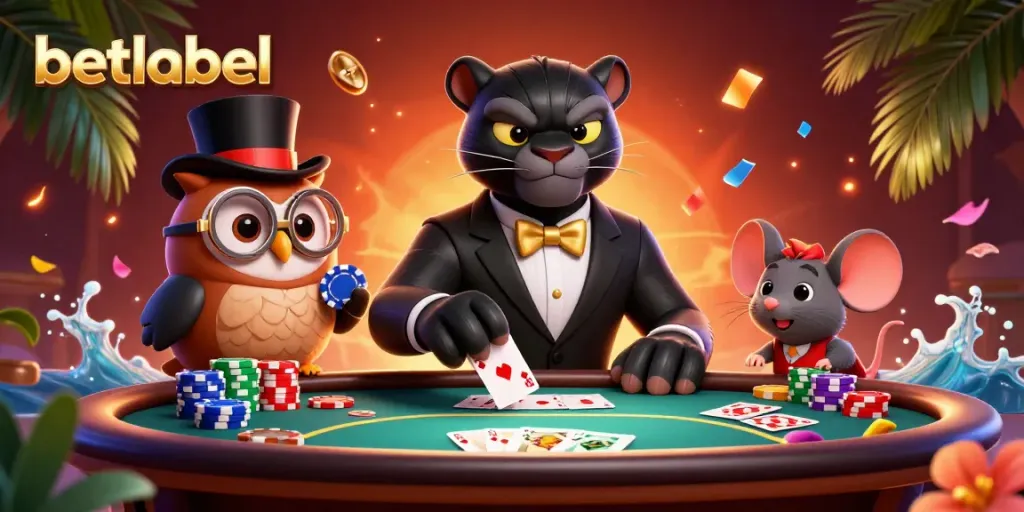 Experience the thrill of BetLabel with a stylish panther dealing cards at a vibrant casino scene.