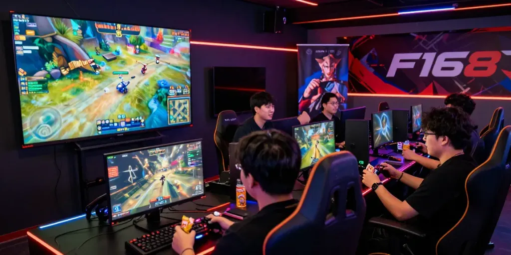 Không khí sôi động của buổi tối chơi game F168 với người chơi và ánh đèn LED đầy màu sắc.