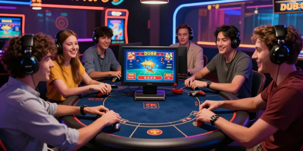 Friends enjoying DU88 games at a vibrant online casino table.