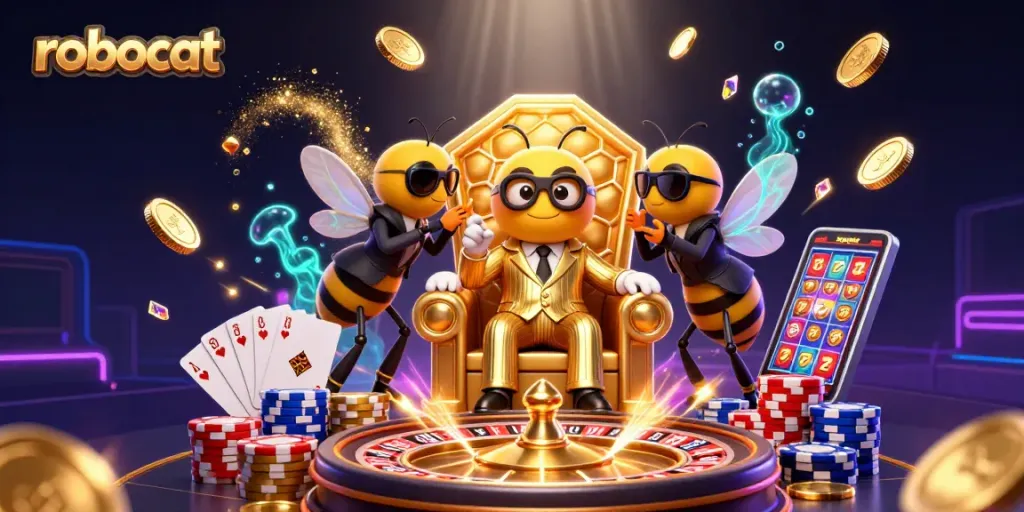 robocat reveals exciting casino elements in a vibrant animated scene filled with sparkling gems and coins